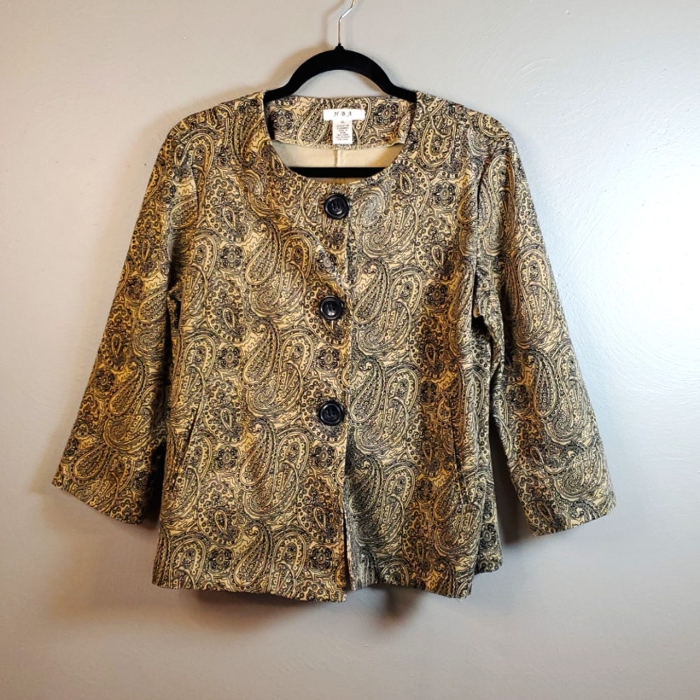 H B A tan & black corduroy, paisley, buttoned jacket/blazer. XL